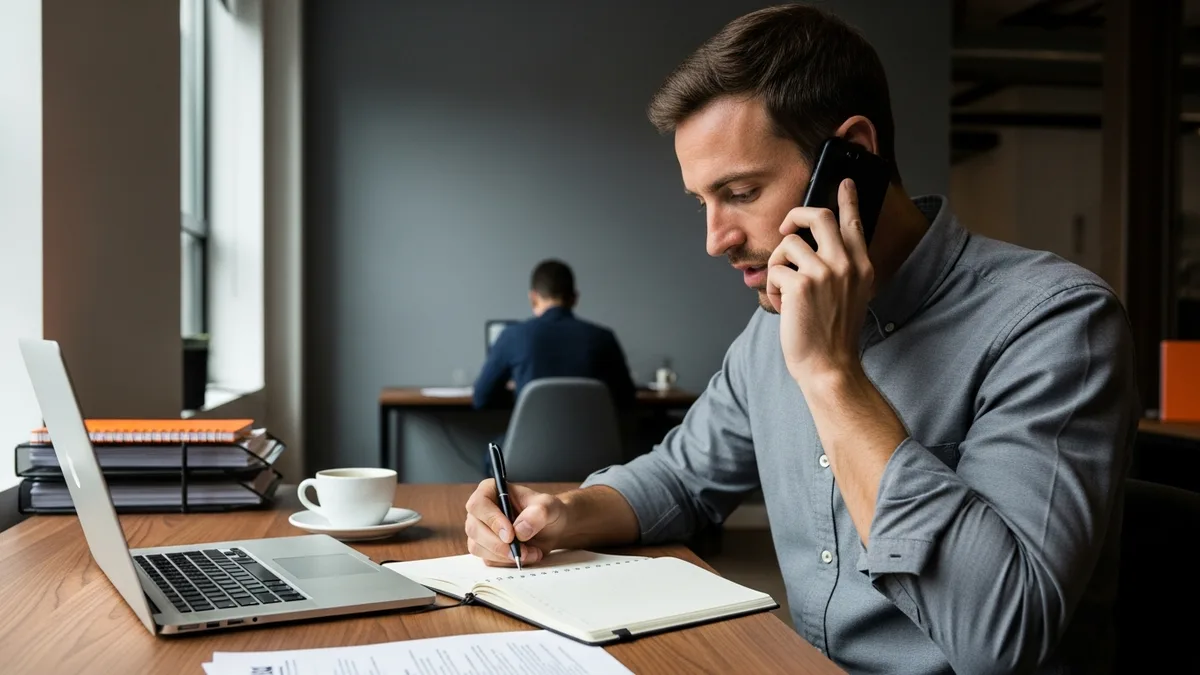 A male KORE1 recruiter wearing a headset taking handwritten notes during a placement call at his desk in a modern staffing agency office