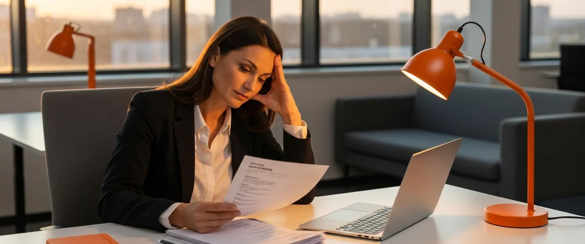 Exhausted female hiring manager in her 40s reviewing a stack of resumes at her desk in a modern tech office at end of day