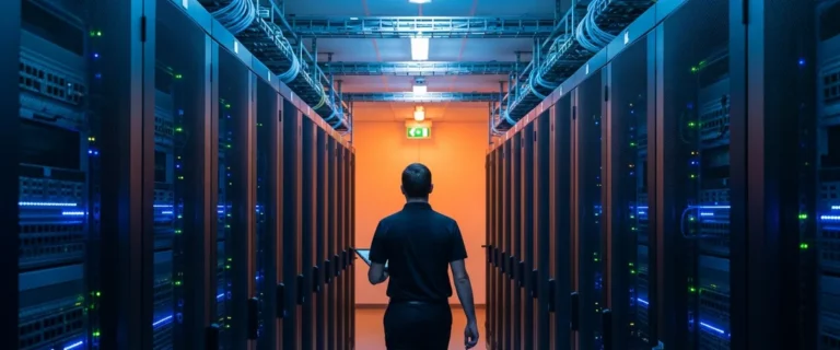 Enterprise data center corridor with network switch racks during HPE Juniper integration layoffs 2026