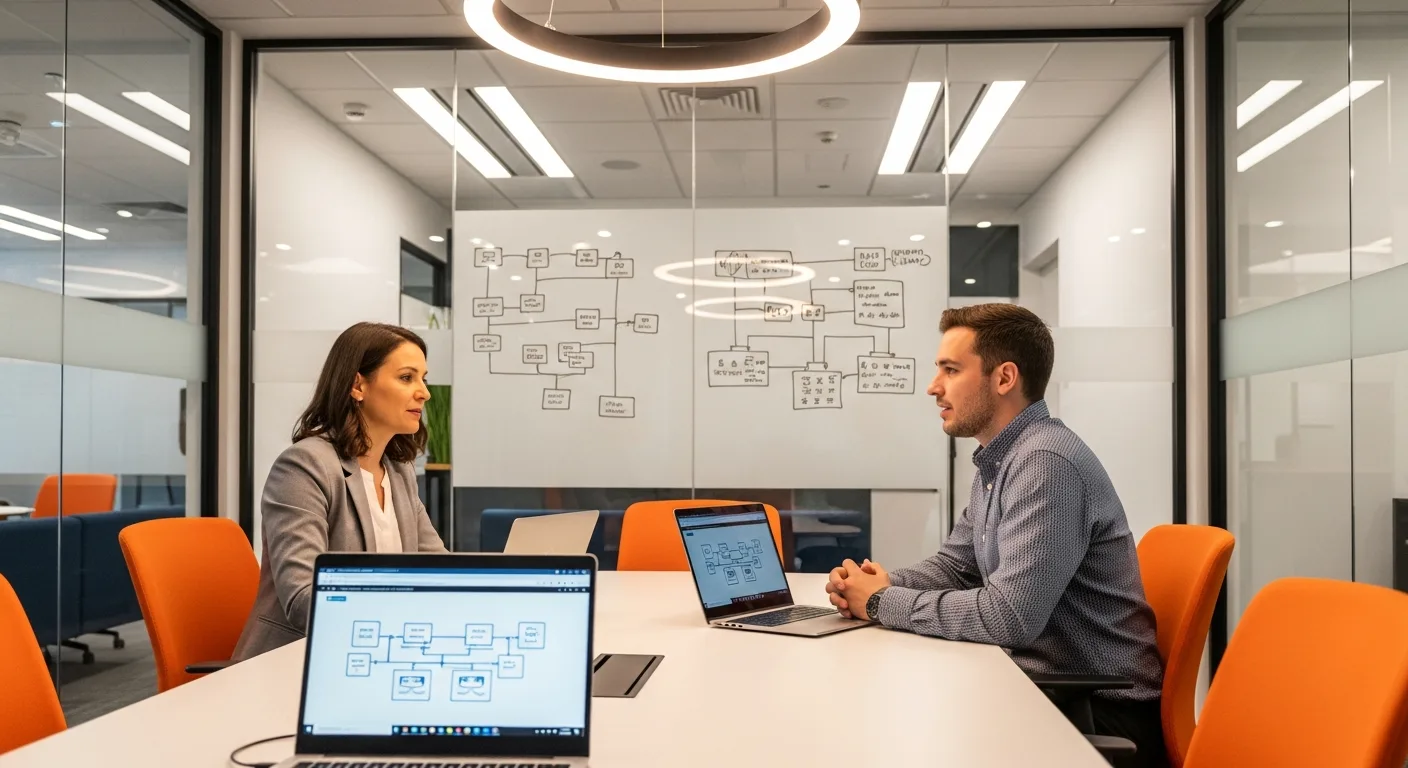Hiring manager interviewing displaced HPE network infrastructure engineer in conference room 2026