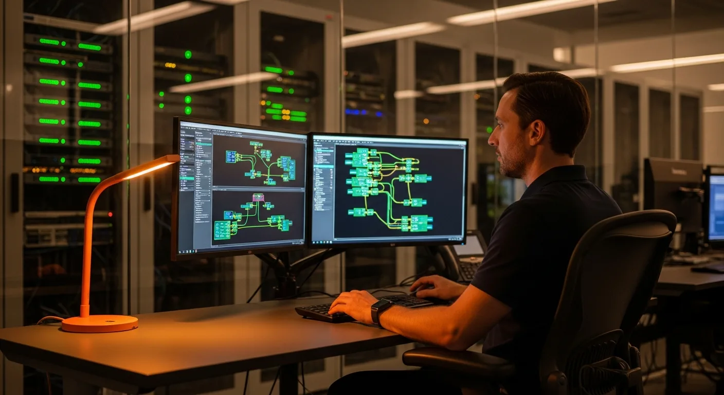 Senior network engineer at NOC workstation reviewing switch configurations during HPE layoffs 2026 Juniper integration