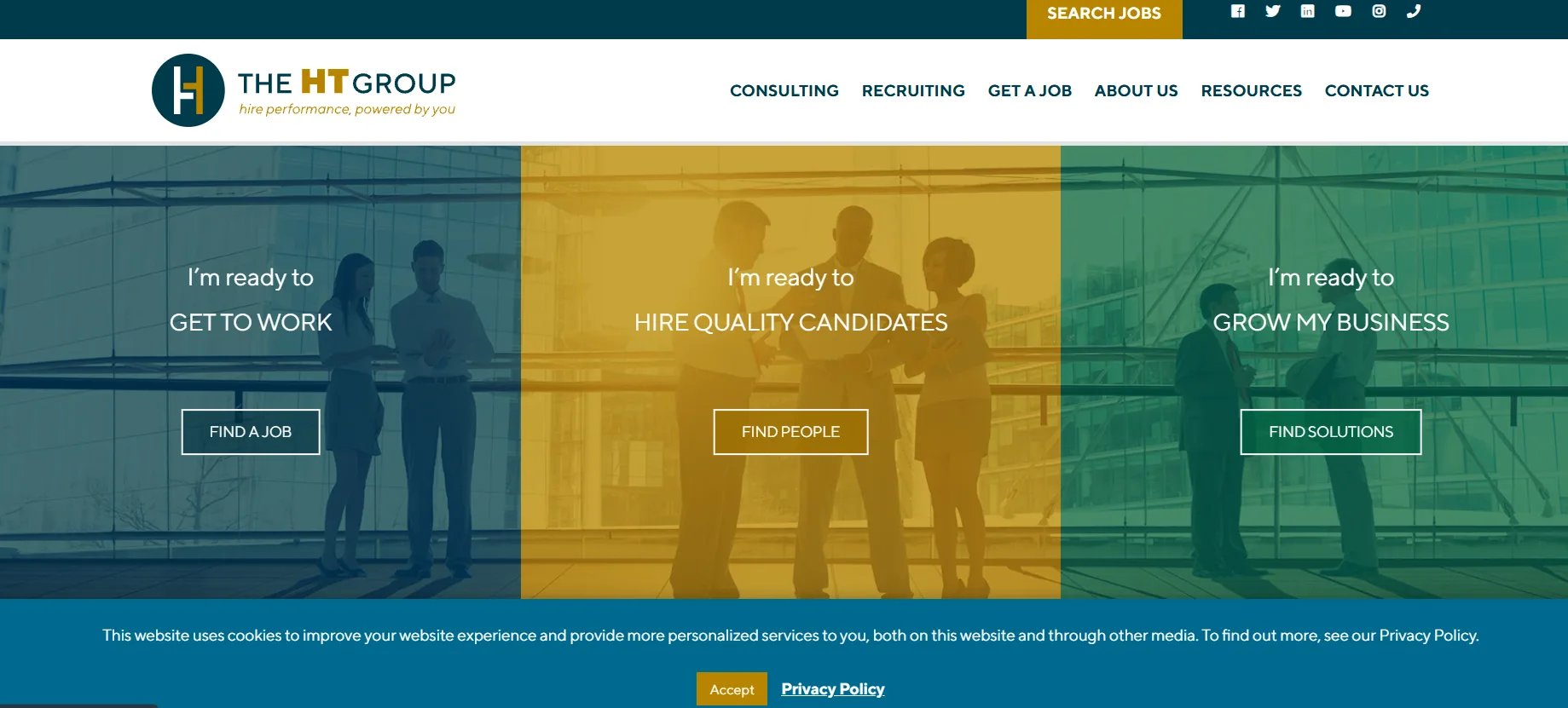 Screenshot of The HT Group Austin staffing homepage with three orange-and-teal panels labeled Get to Work, Hire Quality Candidates, and Grow My Business