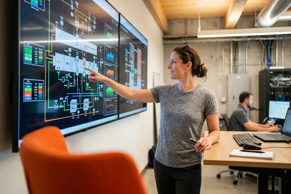 HVAC controls engineer reviewing building automation system BMS schematics on a wall display
