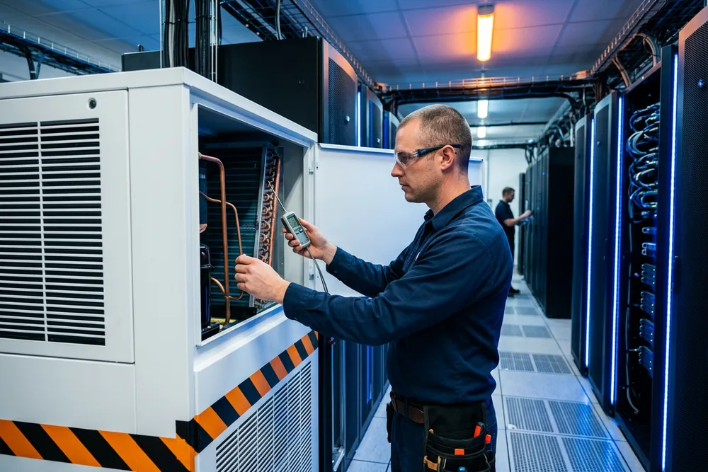 KORE1 HVAC engineer inspecting CRAH precision cooling units in a data center hot aisle