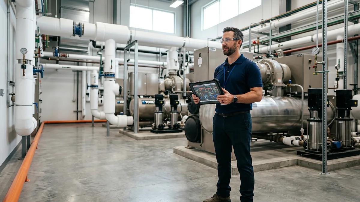 HVAC engineer reviewing mechanical room HVAC system schematics on a tablet in a modern chiller plant