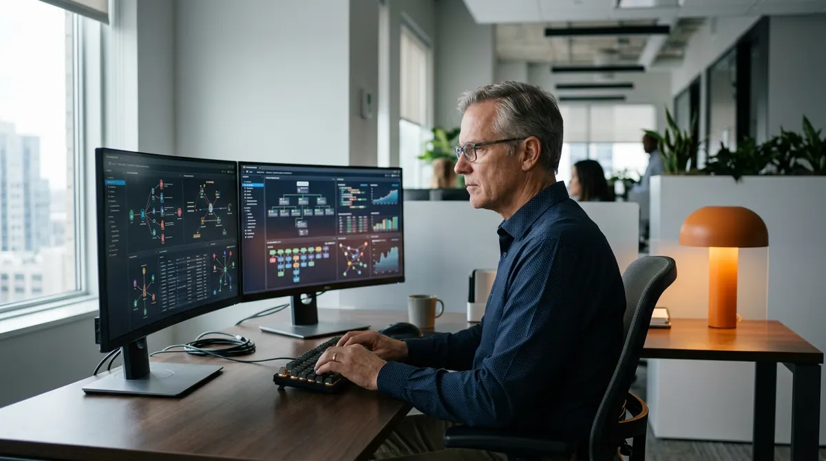 Senior IAM engineer reviewing identity governance dashboards and role-based access controls on dual monitors, KORE1 IAM engineer staffing