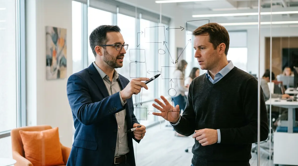 Two identity engineers mapping a single sign on federation diagram at a glass whiteboard during a KORE1 IAM staffing engagement
