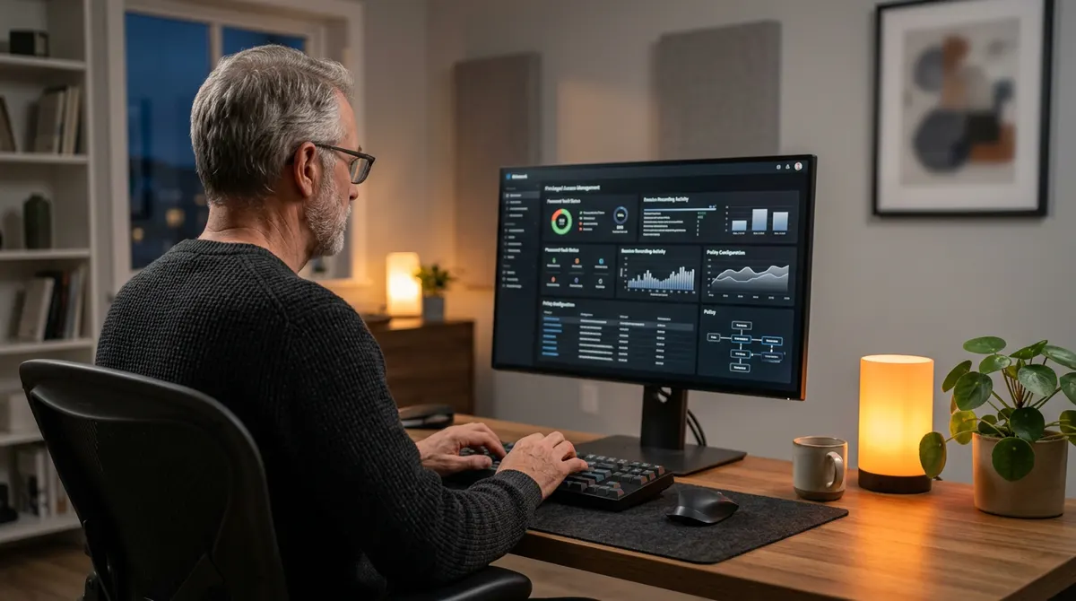 Identity engineer configuring privileged access management policies on a vault and session recording dashboard, KORE1 IAM staffing