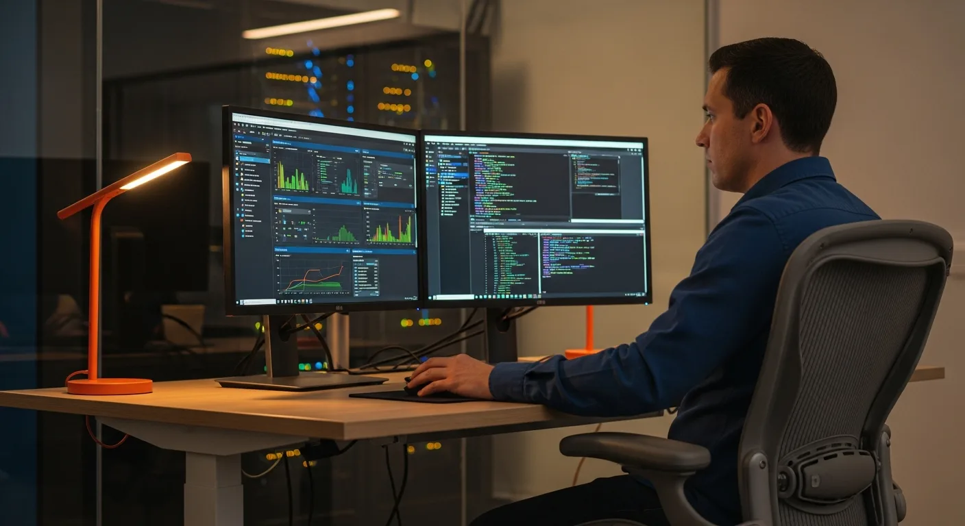Cloud infrastructure engineer monitoring Kubernetes dashboards at dual-monitor workstation during IBM layoffs 2026