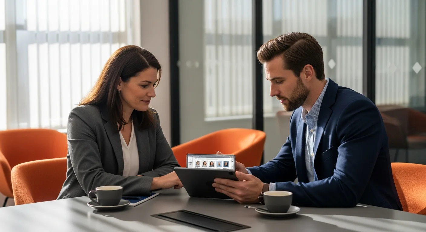 Hiring manager and staffing recruiter reviewing displaced IBM cloud engineering candidates in conference room