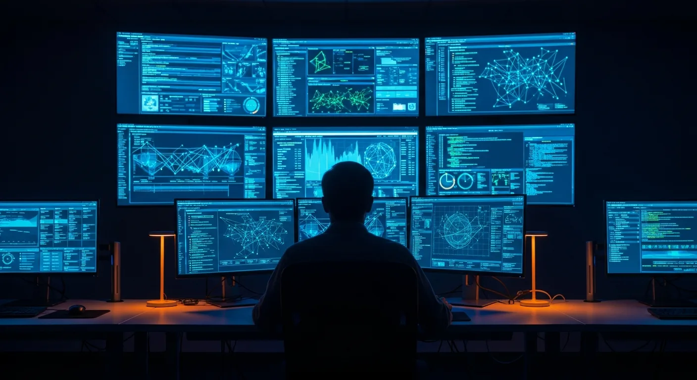 Information security analyst monitoring security operations center dashboards at KORE1 staffing