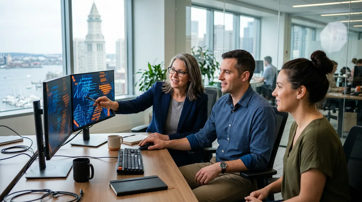 Embedded engineering consultant working alongside a client team in a modern Boston tech office with harbor views
