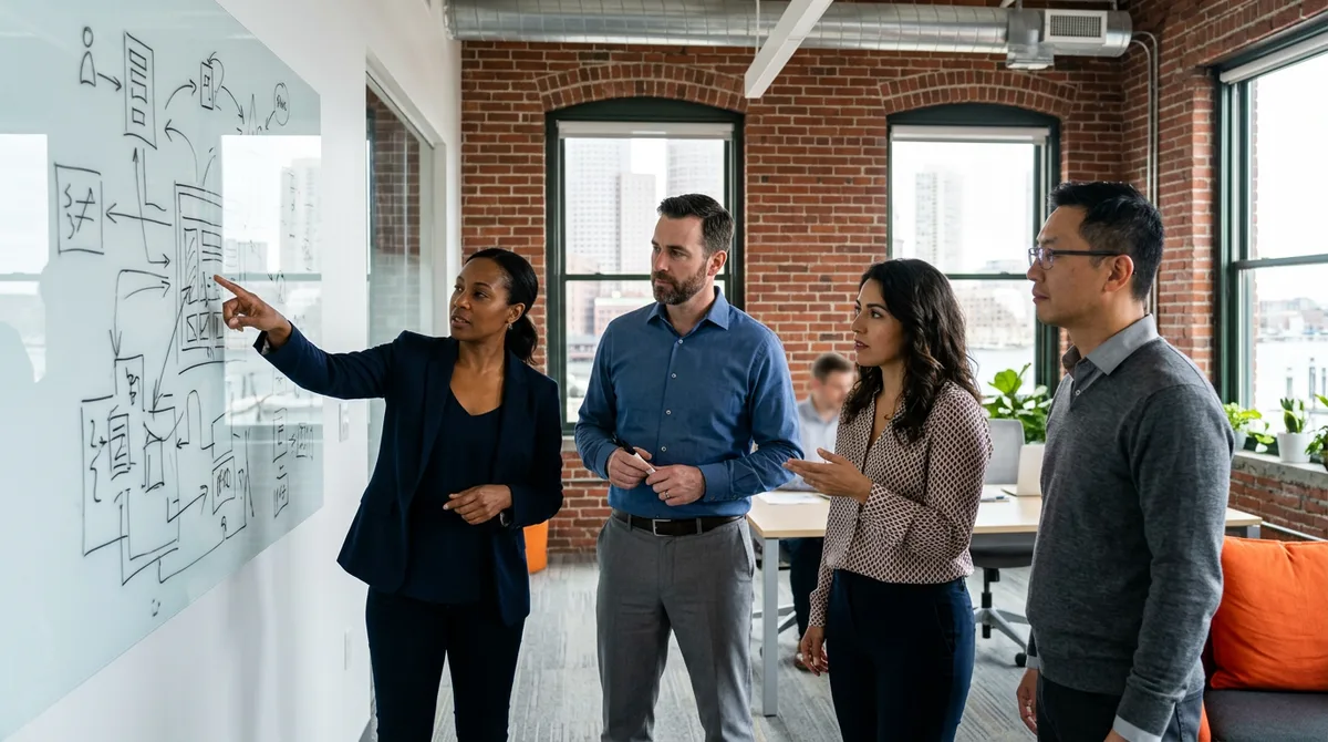 Senior IT consultants reviewing a cloud architecture diagram on a glass whiteboard in a Boston Seaport office