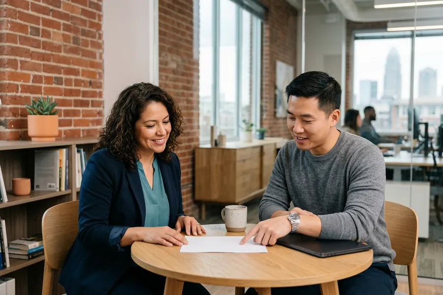 Hiring manager and new fintech hire reviewing a project plan in a Charlotte office with orange accents and brick exposed walls