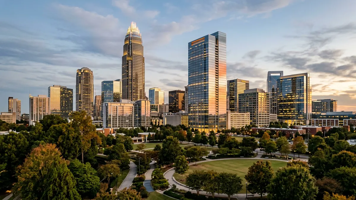 Charlotte NC Uptown skyline at golden hour with Bank of America Corporate Center and Duke Energy tower