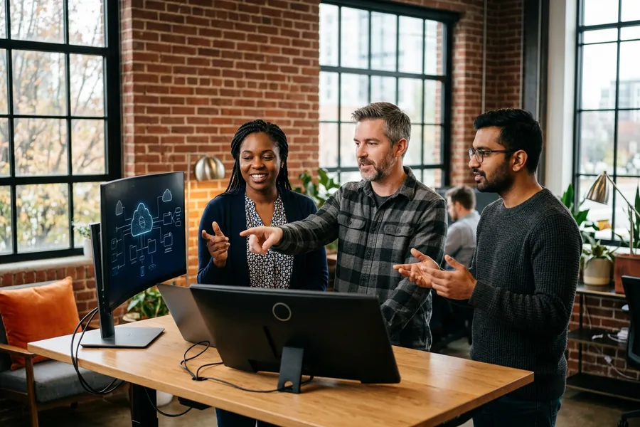 Software engineers reviewing fintech architecture diagrams in a South End Charlotte tech office with brick walls and orange accents