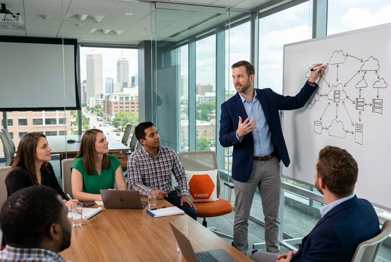 Senior IT consultant sketching a cloud architecture roadmap at a whiteboard for an Indianapolis client team in a downtown conference room