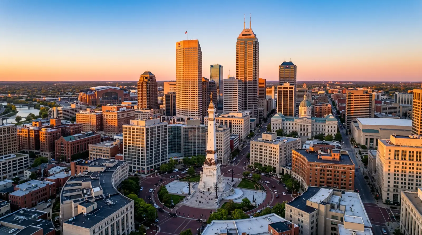 Indianapolis downtown skyline at golden hour with Monument Circle and Salesforce Tower, an IT staffing market view