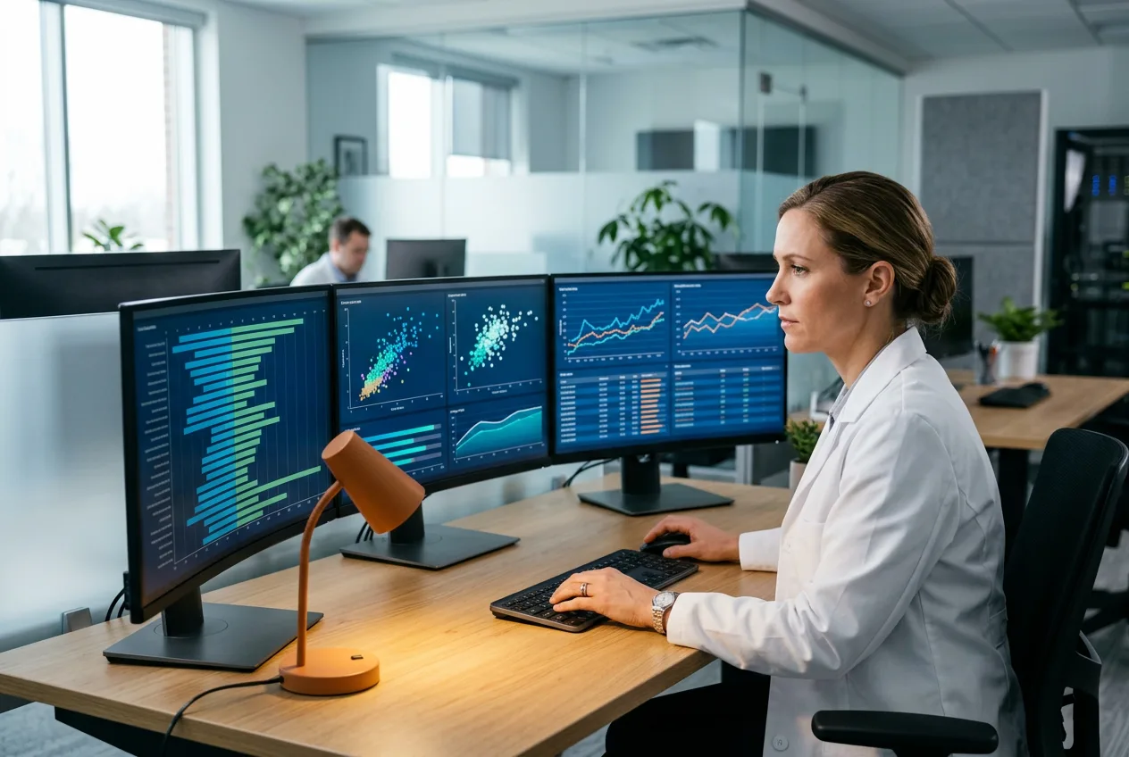 Life sciences IT engineer reviewing GxP-validated clinical data dashboards on multiple monitors in a modern Indianapolis pharma technology office