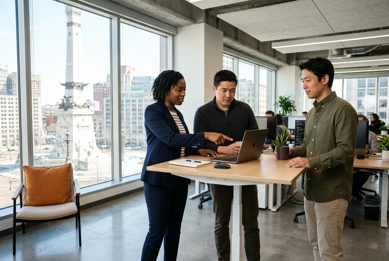 Three software engineers collaborating around a standing desk in a bright Indianapolis tech office with Monument Circle visible through the window
