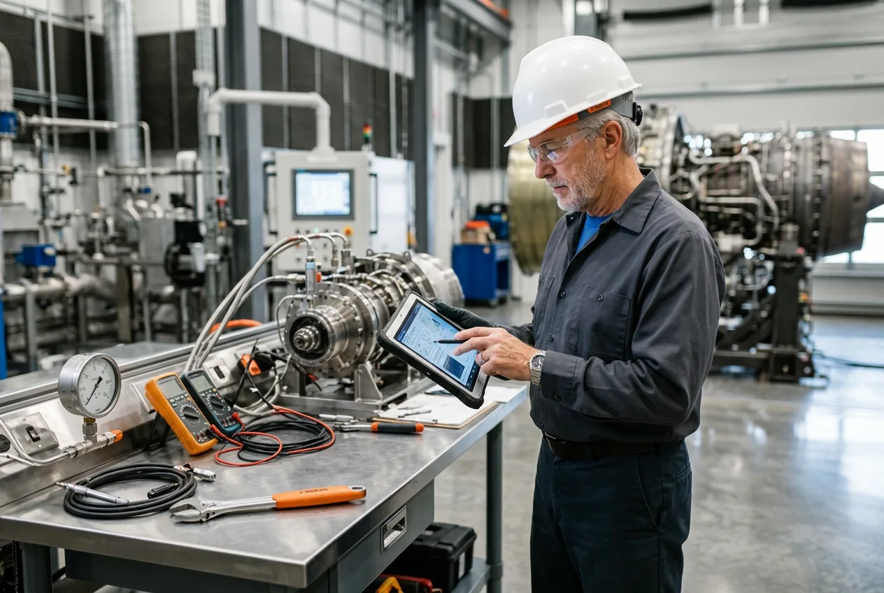 Senior propulsion engineer reviewing instrumentation data at a test cell workbench inside a Rolls-Royce-style aerospace facility in Speedway Indianapolis