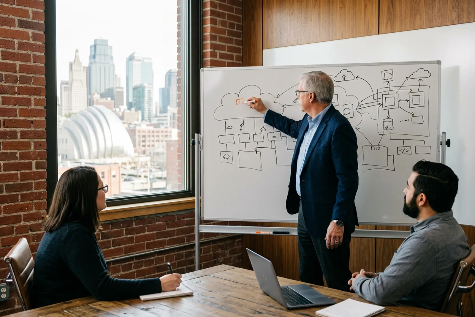 Senior IT consultant sketching a cloud architecture roadmap at a whiteboard for a Kansas City client team in a downtown conference room