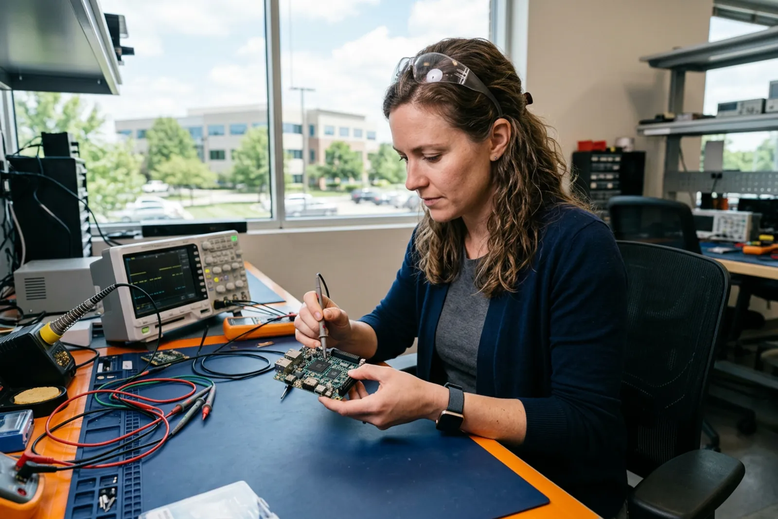 Embedded firmware engineer working on a small circuit board at a Garmin-style hardware lab workbench in Olathe Kansas