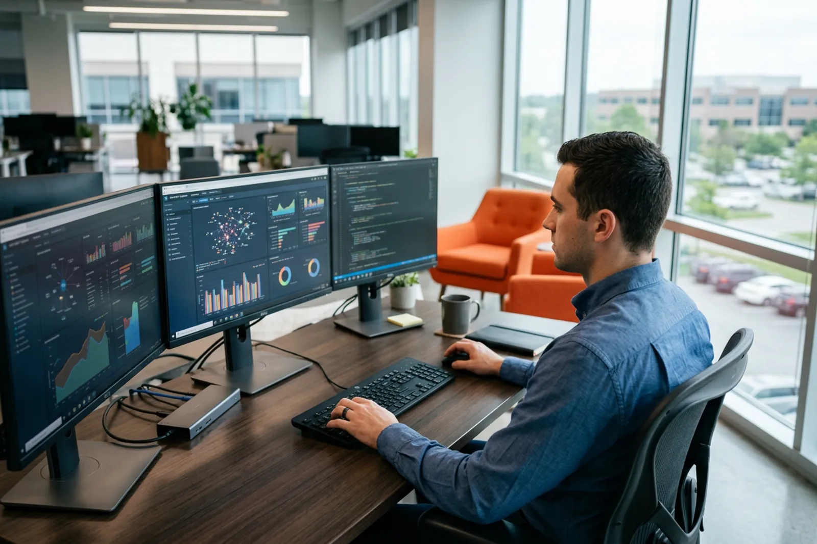 Healthcare IT engineer reviewing EHR data dashboards on multiple monitors in a modern Overland Park Kansas health technology office