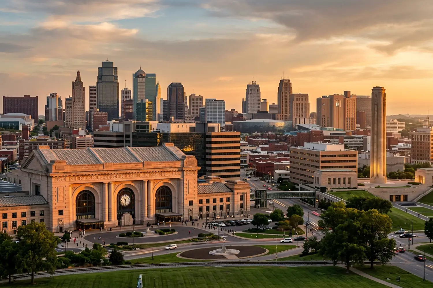 Kansas City Missouri downtown skyline at golden hour with Union Station foreground and corporate towers behind, an IT staffing market view