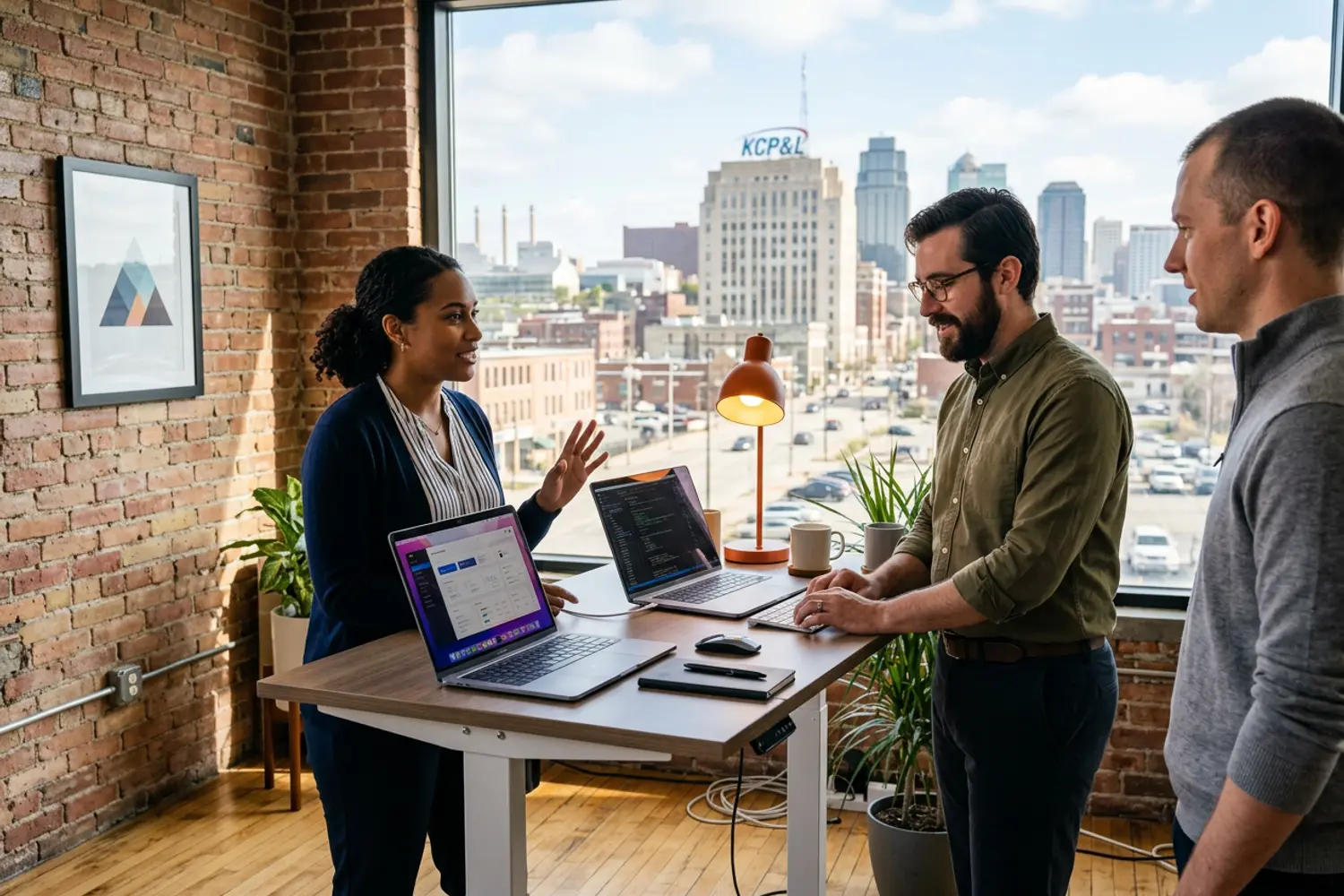 Three software engineers collaborating around a standing desk in a bright Kansas City tech office with the Power and Light District visible through the window