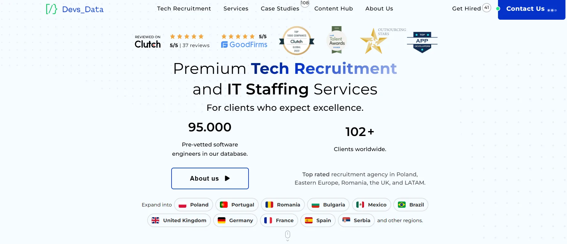 DevsData LLC homepage showing premium tech recruitment and IT staffing services for AI roles