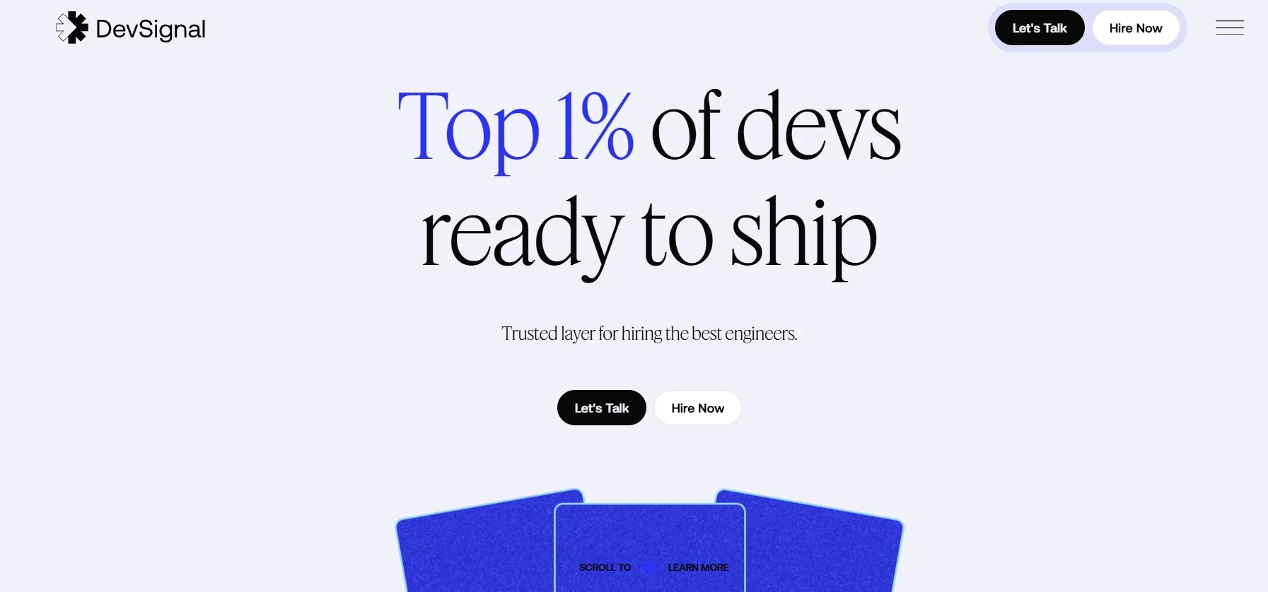 DevSignal homepage showing Top 1% of devs ready to ship for fast developer hiring