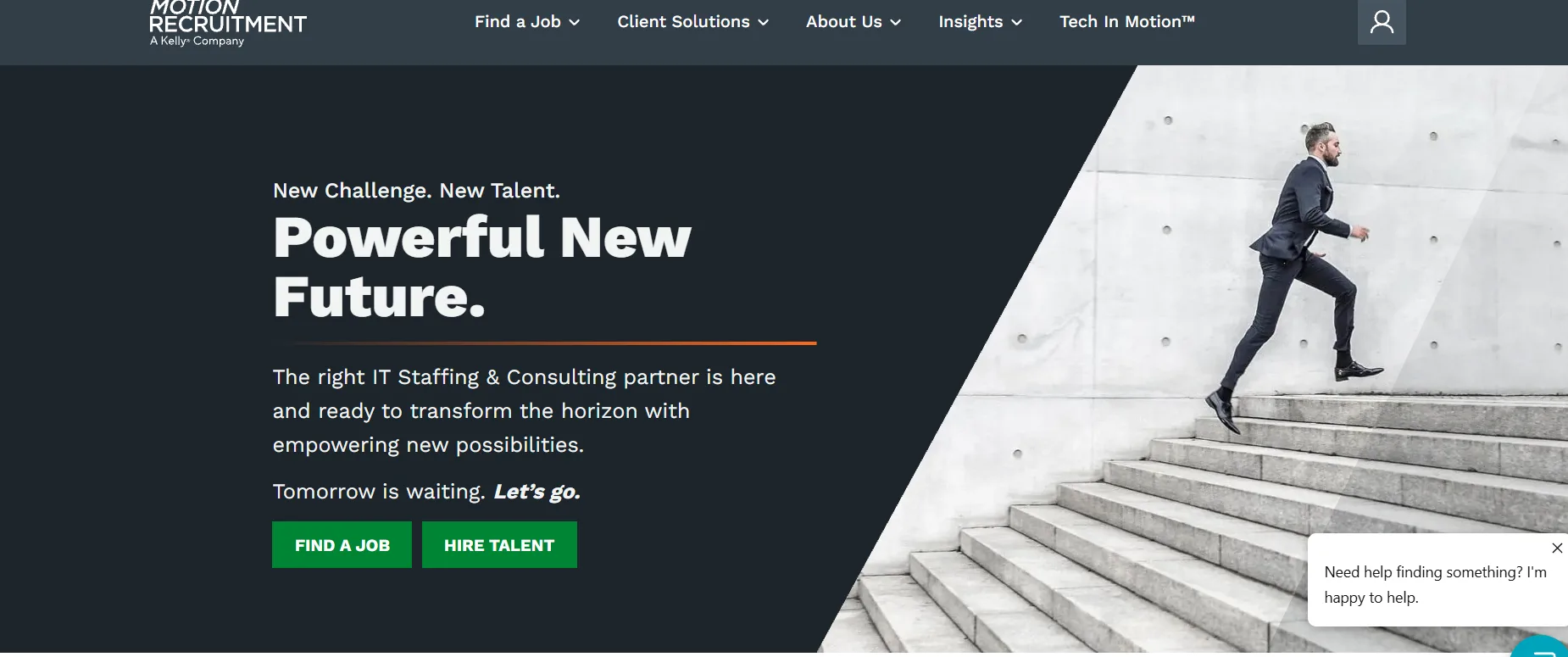 Motion Recruitment homepage showing Powerful New Future tagline for technical IT staffing