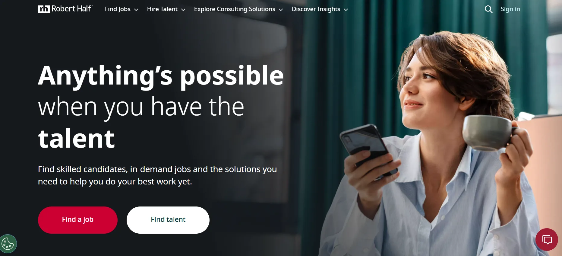 Robert Half staffing homepage showing enterprise talent solutions for IT hiring at scale