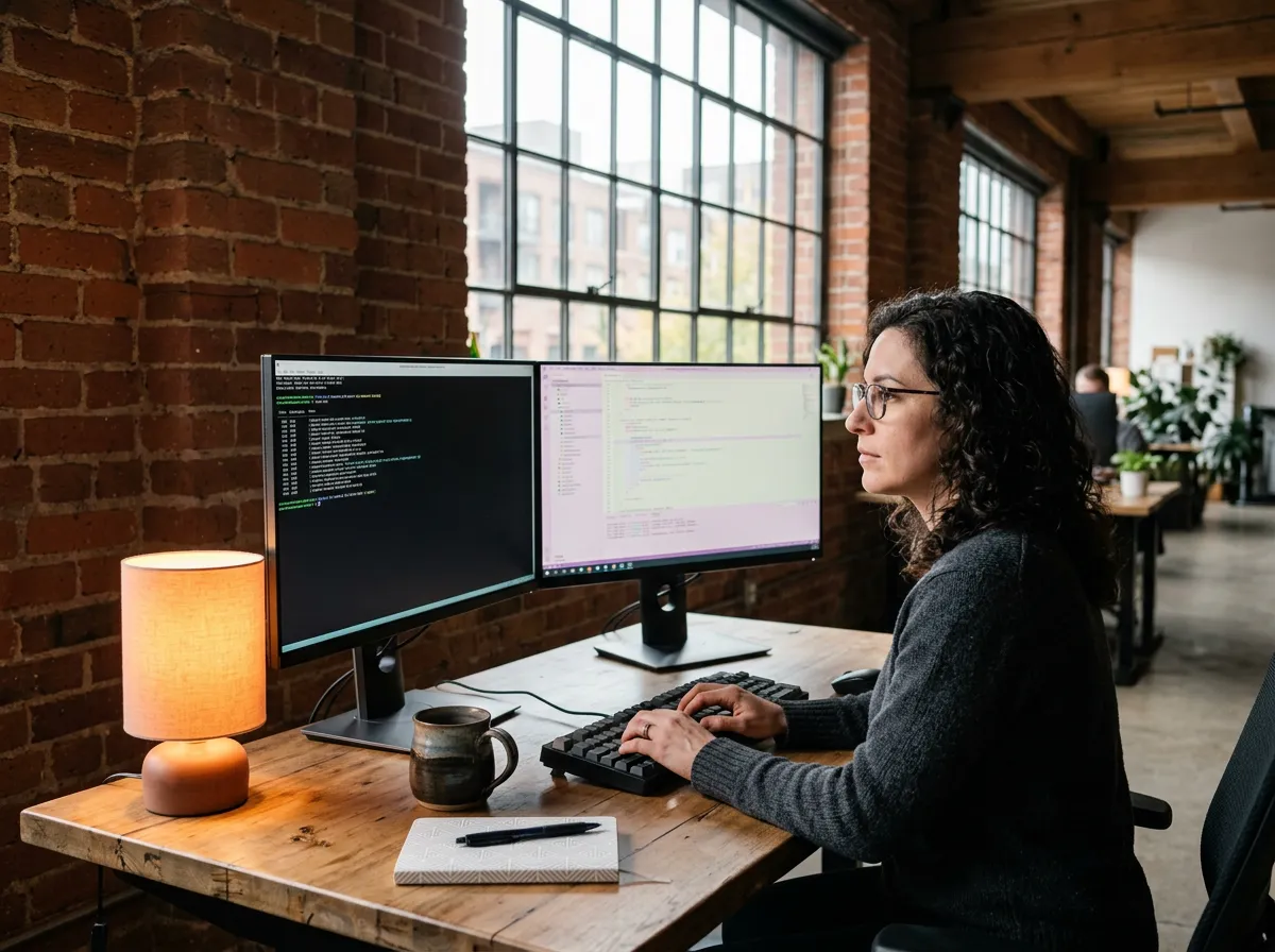 Embedded senior software engineer working at a clean desk in a Minneapolis warehouse-converted tech office with industrial windows