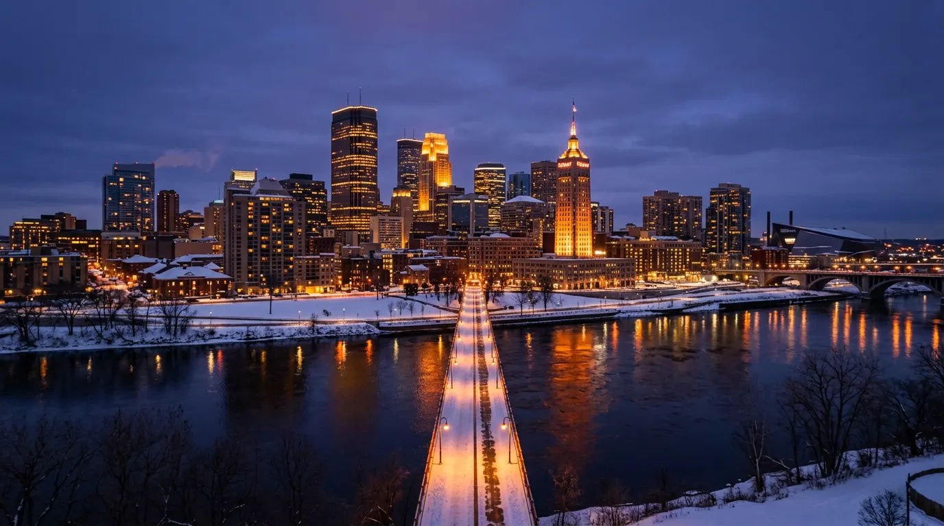 Downtown Minneapolis skyline at dusk in winter with IDS Center, Foshay Tower, and the Mississippi River reflecting city lights