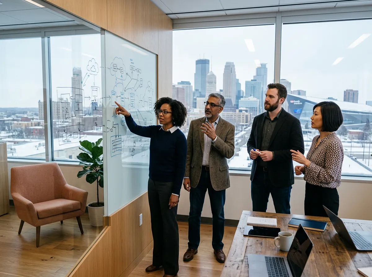 Senior IT consultants reviewing a cloud architecture diagram on a glass whiteboard in a North Loop Minneapolis office