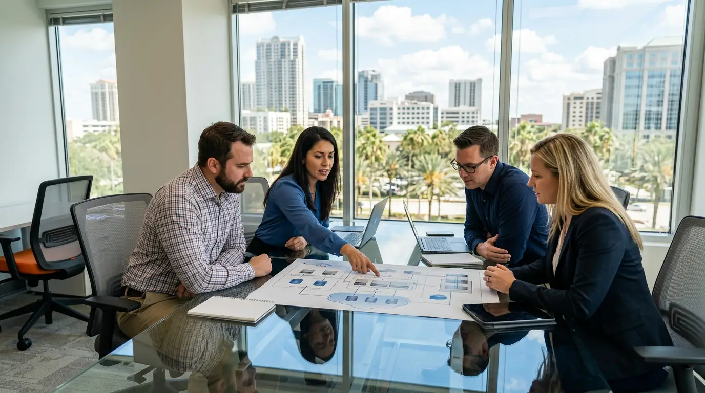 IT consulting team reviewing a printed cloud architecture diagram in an Orlando office