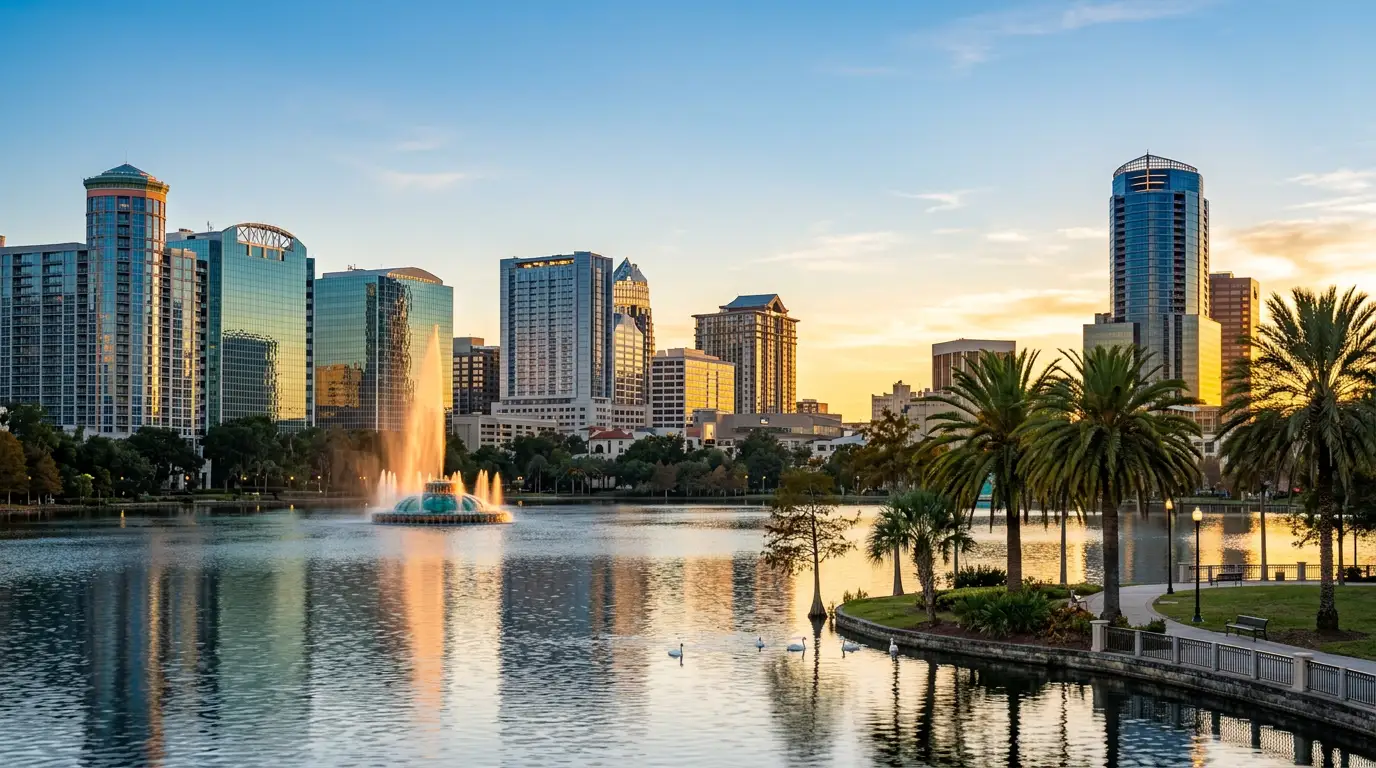 Downtown Orlando skyline at golden hour with Lake Eola Park and palm trees in the foreground