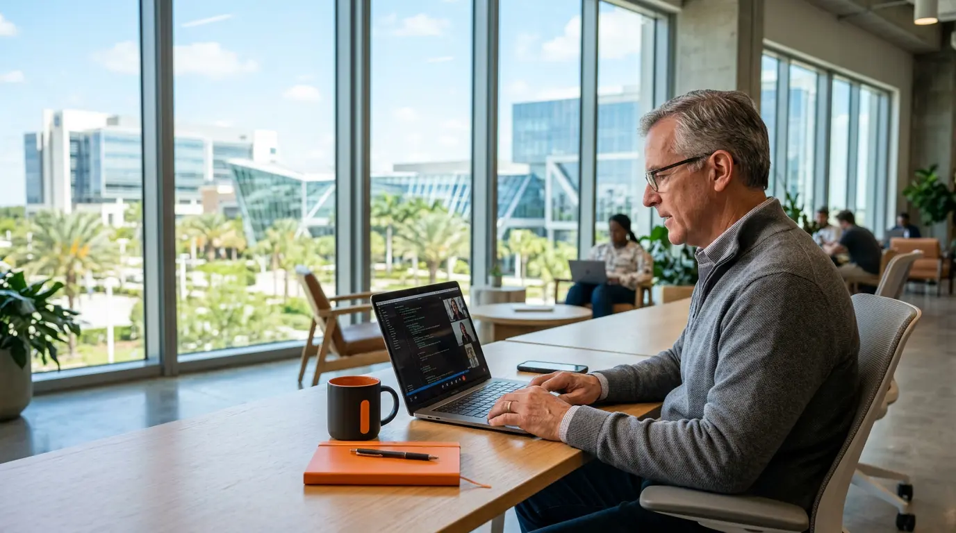 Senior cloud engineer reviewing code on a video call in a sunlit Orlando coworking space near Lake Nona