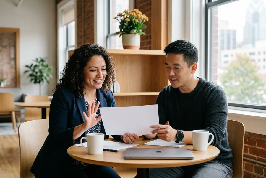 Hiring manager and new technical hire reviewing a project plan in a Philadelphia office with orange accents
