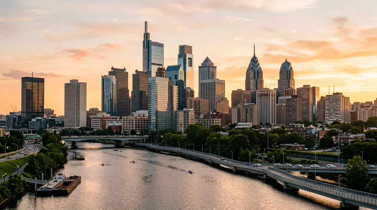 Philadelphia Center City skyline at golden hour with Comcast Technology Center over the Schuylkill River