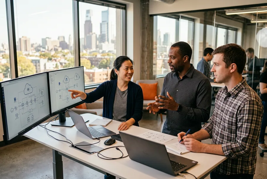 Software engineers reviewing cloud architecture diagrams in a Center City Philadelphia tech office