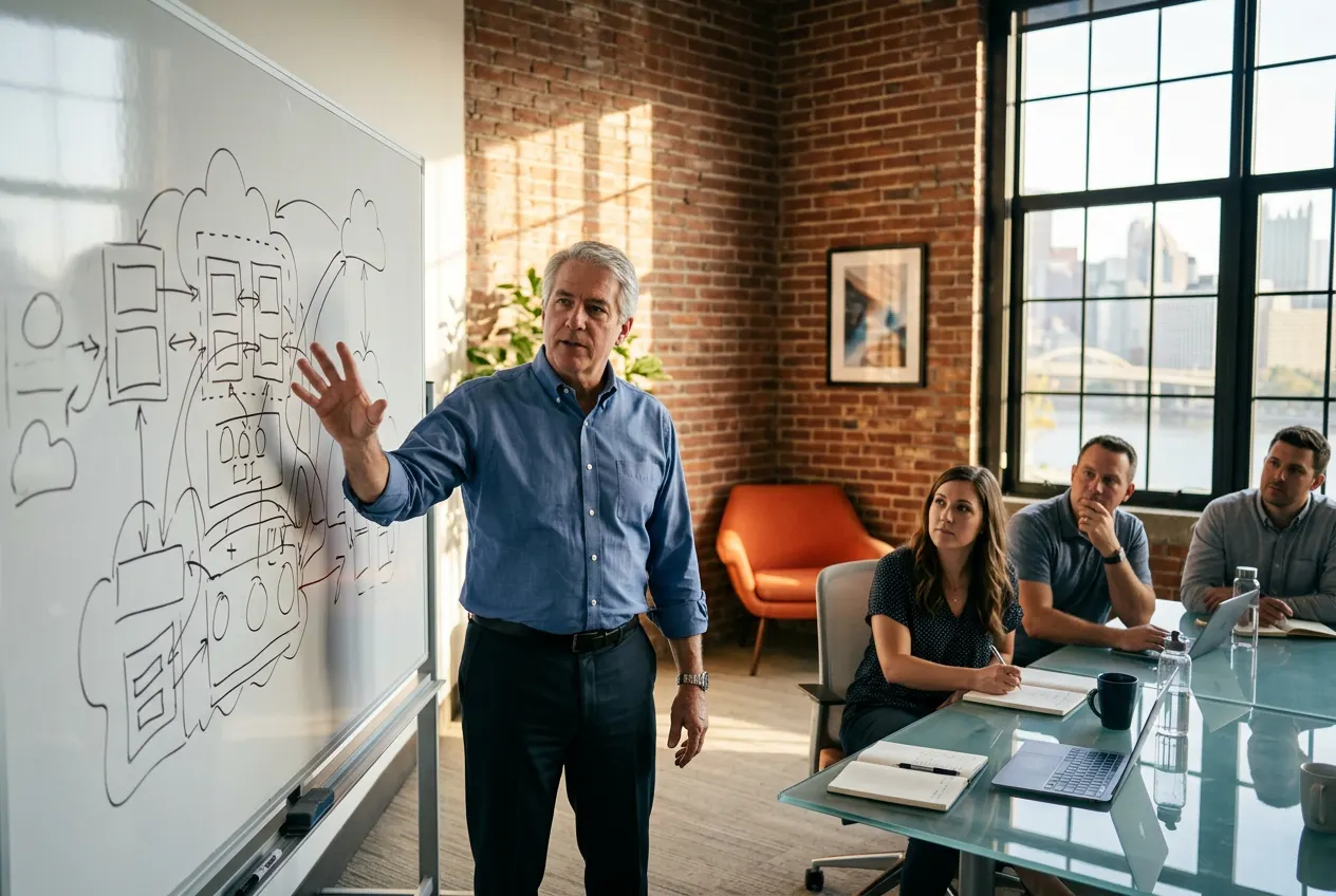Senior IT consultant whiteboarding a cloud migration roadmap for a Pittsburgh client team in a modern downtown office with exposed brick