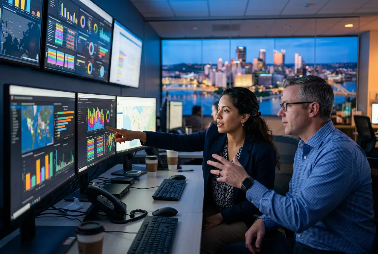 Healthcare IT engineers reviewing data dashboards on multiple monitors in a Pittsburgh UPMC-style health system technology office