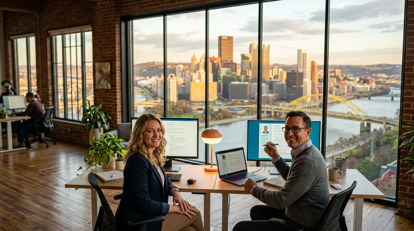 Pittsburgh skyline at golden hour seen from Mt. Washington with Three Rivers and downtown glass towers, KORE1 IT staffing recruiters in a downtown Pittsburgh office reviewing technology candidate profiles