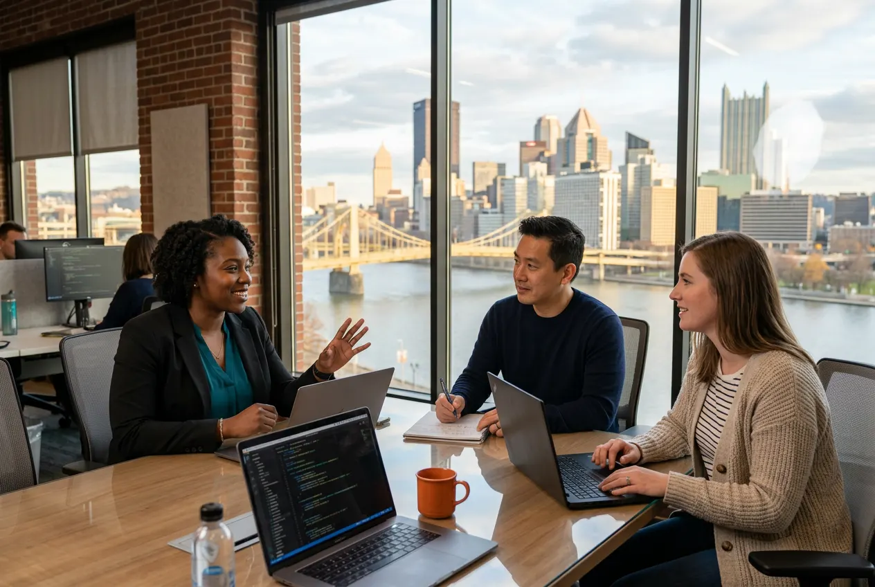 Three software engineers meeting at a Pittsburgh tech office overlooking the Allegheny River with downtown skyline visible through floor-to-ceiling windows
