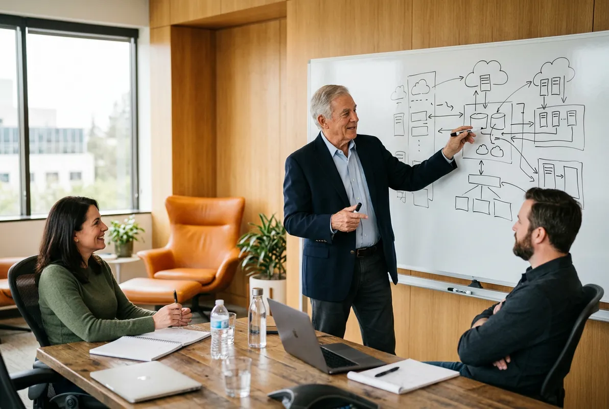 Senior IT consultant whiteboarding a cloud migration roadmap for a Sacramento client team in a modern California office
