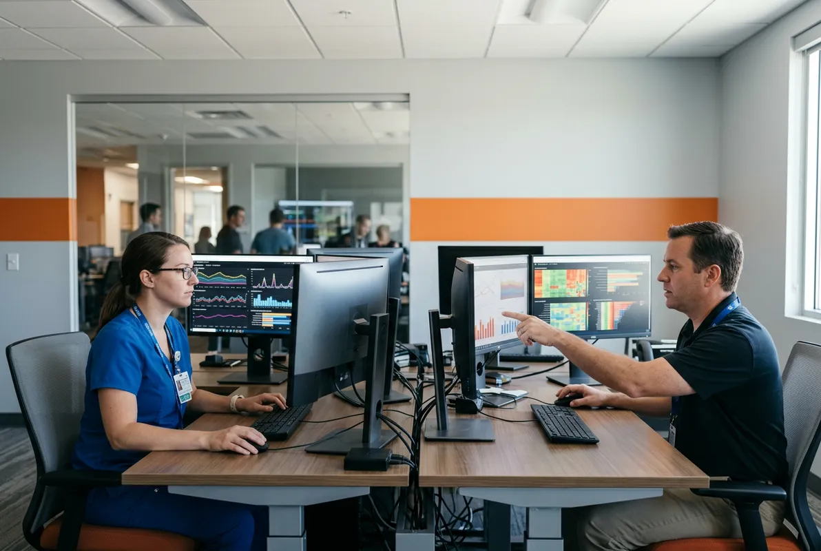Healthcare IT engineers reviewing data dashboards on multiple monitors in a Sacramento health system technology office