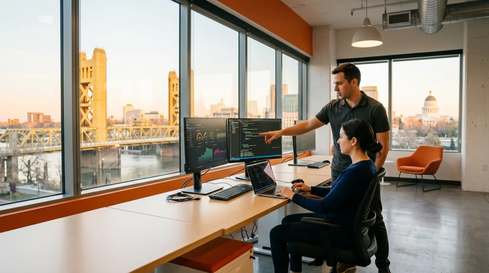 IT staffing recruiters in a modern downtown Sacramento office reviewing technology candidate profiles at golden hour with the Tower Bridge visible through floor-to-ceiling windows